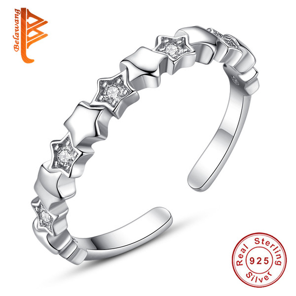 BELAWANG Newest 925 Sterling Silver Open Finger Rings for Women Star Clear Crystal Ring Wedding Engagement Gift fit All Compatible Size