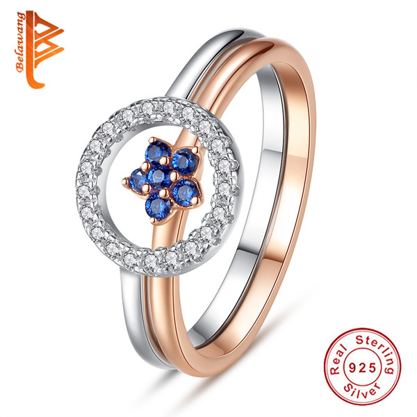 BELAWANG New Fashion 925 Sterling Silver White CZ Combination Finger Rings Silver&Rose Gold Blue Flower Rings For Women Wedding Jewelry Gift