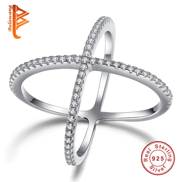 BELAWANG Fashion Double Cross Ring 100% Genuine 925 Sterling Silver Finger Ring Filled White Crystal Stone Rings For Women Wedding