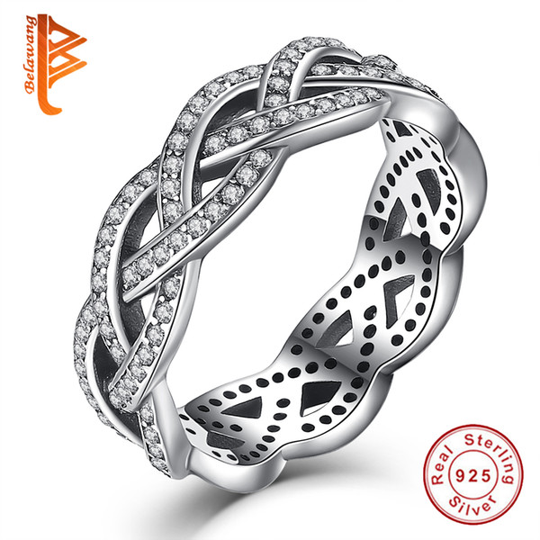 BELAWANG 925 Sterling Silver Inlaid Clear Cubic Zirconia Rings Sparkling Braided Twisted Pave Silver Love Rings Wedding Jewelry Wholesale