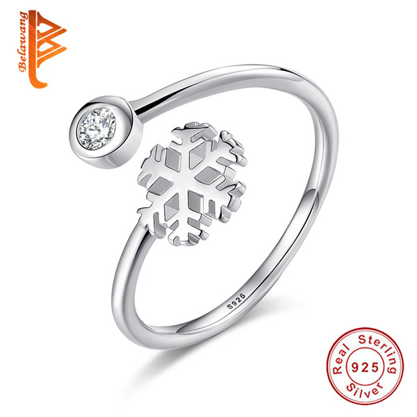 BELAWANG Generous 925 Sterling Silver Snowflake Open Finger Rings For Women Girl Clear Austrian Crystal Ring Jewelry Accessories