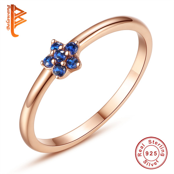 BELAWANG 925 Sterling Silver Rings for Women Blue Austrian Crystals Ring Rose Gold Color Heart Ring For Engagement Wedding Gift Wholesale