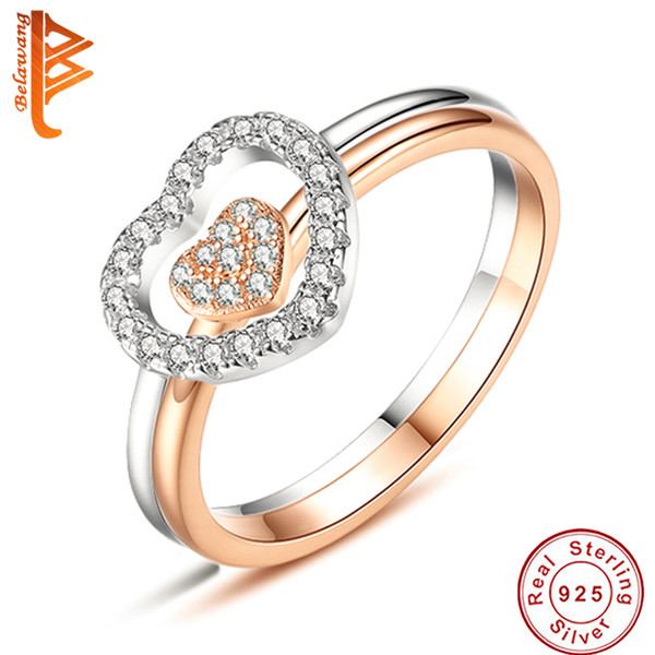 BELAWANG Hot Sale 925 Sterling Silver Wedding Engagement Ring Sets With CZ Silver & Rose Gold Double Heart Finger Rings For Women Jewelry