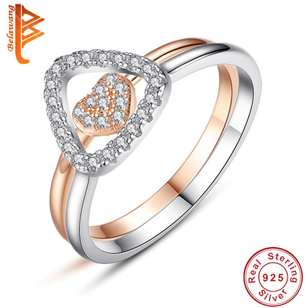 BELAWANG For Women Wedding Jewelry Gift 2 Colors 925 Sterling Silver Heart Finger Rings Silver&Rose Gold CZ Combination Crystal Rings