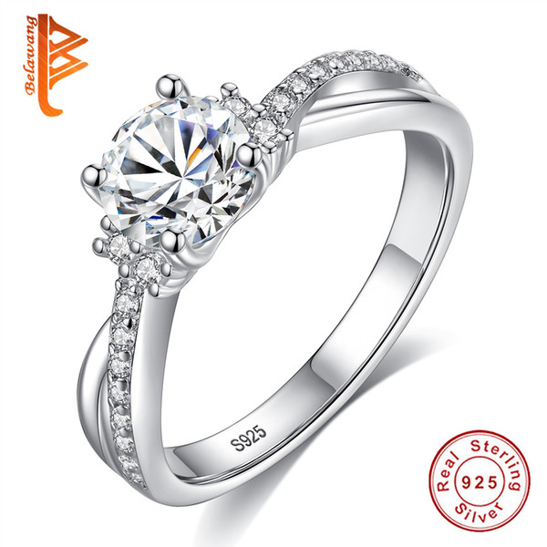 BELAWANG Unique Design Cross Rings With Clear CZ 925 Sterling Silver Crystal Rings Original Women Jewelry Wedding Party Gift