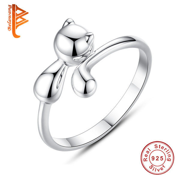 BELAWANG 100% 925 Sterling Silver Cat Ring Cute Animal Finger Rings for Women Open Size Adjustable Engagement Ring Jewelry