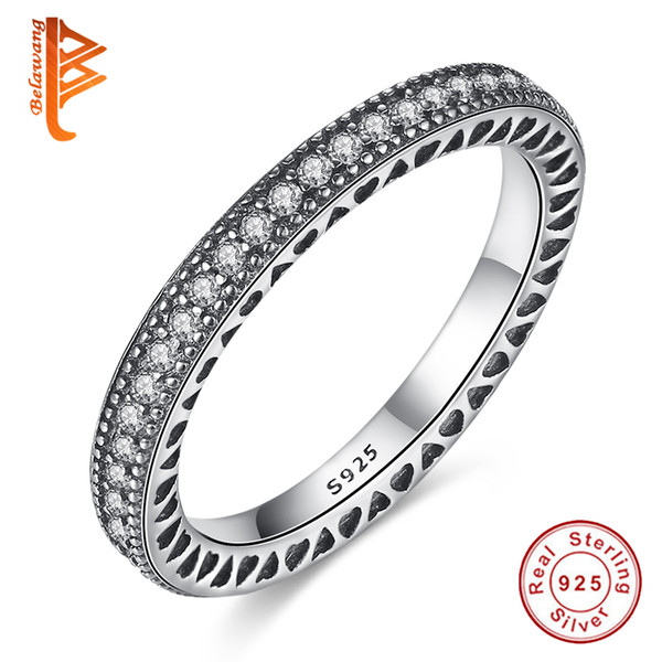 BELAWANG Wholesale 925 Sterling Silver Clear CZ Love Ring Carved Love Heart Pattern Finger Rings Vintage Wedding Anniversary Women Jewelry