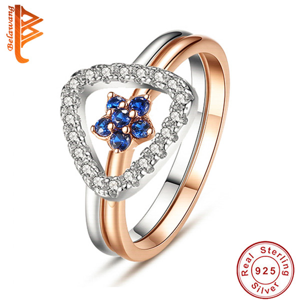 BELAWANG 2 Colors 925 Sterling Silver CZ Combination Finger Rings Silver&Rose Gold Blue CZ Crystal Rings For Women Wedding Jewelry Gift