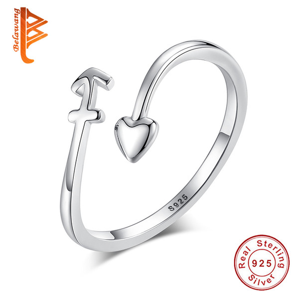 BELAWANG 100% 925 Sterling Silver Arrow Open Finger Rings For Women Wedding Engagement Romantic Silver Heart Ring Jewelry Gift