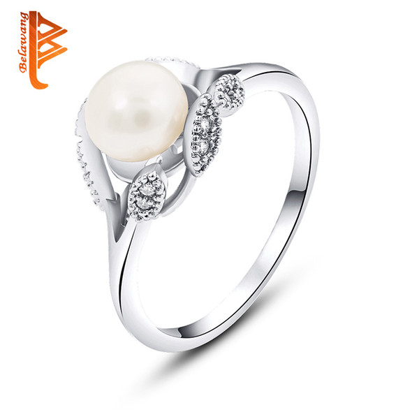 BELAWANG Authentic Daisy Silver Ring White Color Simulated-Pearl Rhinestones Rings For Women Fashion Jewelry Wedding Gifts