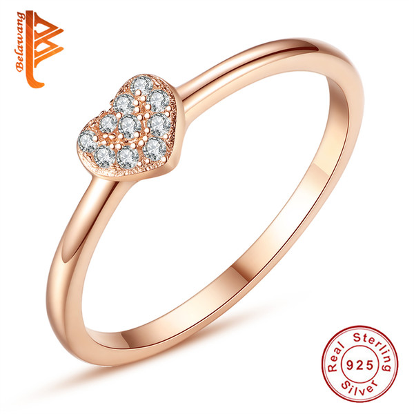 BELAWANG New Arrival for Women 925 Sterling Silver Austrian Crystals Ring Rose Gold Color Heart Ring Fit Wedding Engagement Jewelry Gift