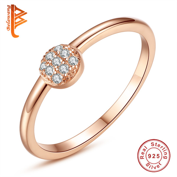 BELAWANG Classic Crystal Round Ring For Women 925 Sterling Silver Rings Wedding Rose Gold Color Finger Ring Wedding Jewelry Free Shipping