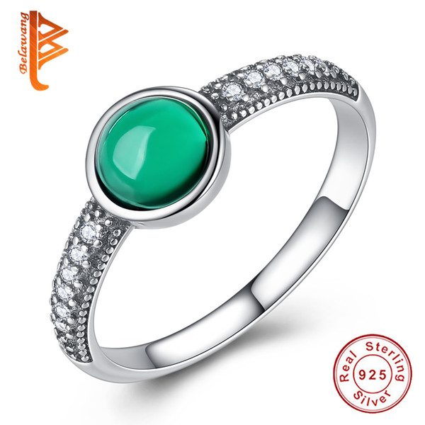 BELAWANG Wholesale #678 Women Russian Round Simulated Emerald Finger Ring 925 Sterling Silver Clear Cubic Zirconia Ring Anniversary Jewelry