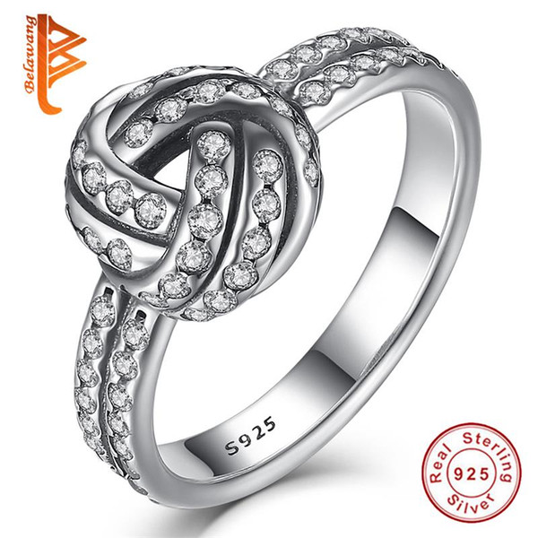 BELAWANG Classic 100% 925 Sterling Silver Love Knot Ring Sparkling Two Rows CZ Women Rings Wedding Jewelry Accessories Wholesale# 6 7 8