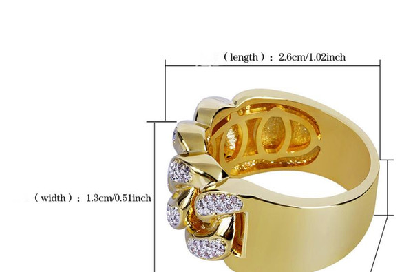 New fashionable, attractive and hot-selling chain gold-plated zircon finger ring hip-hop trendsetter ring in Europe and America