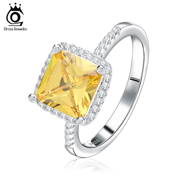 ORSA Luxury Yellow Cubic Zircon Propose Rings Paved with Clear Micro Zircons Platinum Plated Ring for Wedding OR57