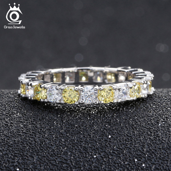 ORSA JEWELS Luxury Yellow & Clear Austrian Zircon Women Wedding Bands Ring Silver Color Fashion Jewelry OR60