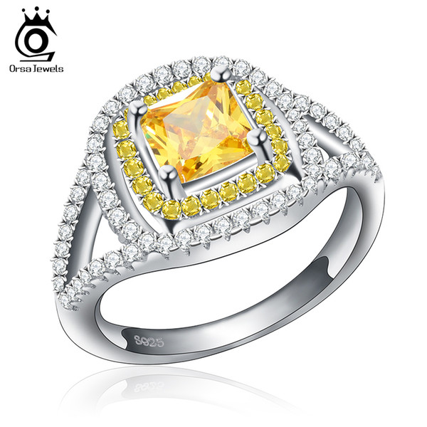 ORSA JEWELS Luxury Princess Cut Yellow Zircon Wedding Ring with Micro Paved Clear and Yellow CZ Fashion Rings for Women OR50