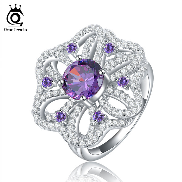 ORSA JEWELS Silver Color Women Ring With Purple Zircon Paved Female Finger's Rings For Women Party Jewelry OR39