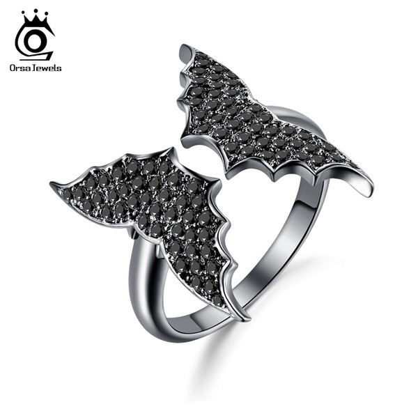 ORSA JEWELS Men Ring Original Flying Bat Vivid Shape Clear Black CZ Adjustable Women Finger Rings For Party Jewelry OR165