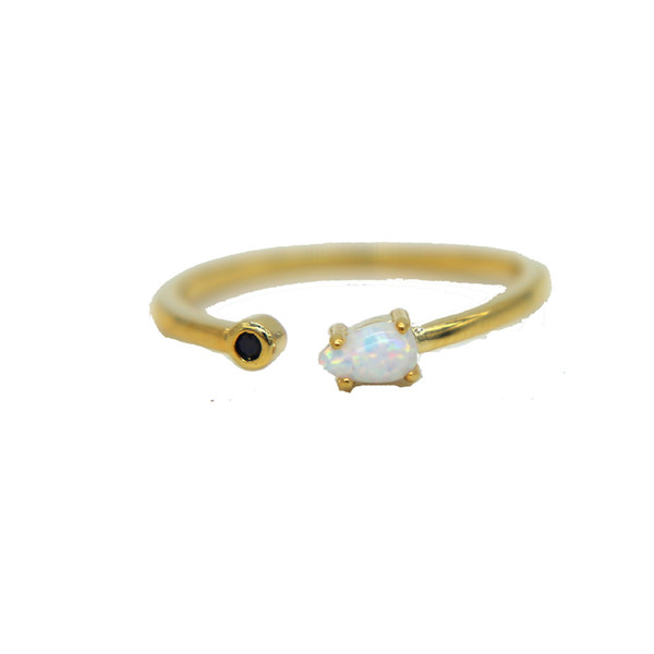 US size 6-8 yellow gold plated black 2mm cz thin band tiny cute tear drop opal stone women bridal wedding gold ring