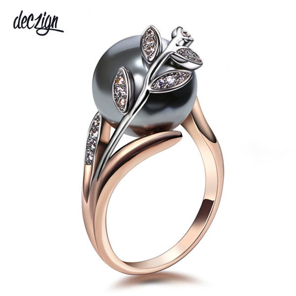 Deczign Rose gold ring with Gray Pearl for women Leaf Trendy jewellery dropshipping anel anillos aneis bagues femme statement jewelryWA11315