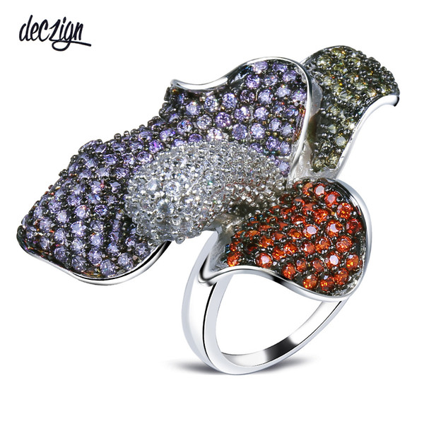 Deczign 2019 New Multi Colorful Crystal Zirconia Big Rings Party Trendy Flower Jewelry Top Quality Beautiful Large Ring for Women SJ10059