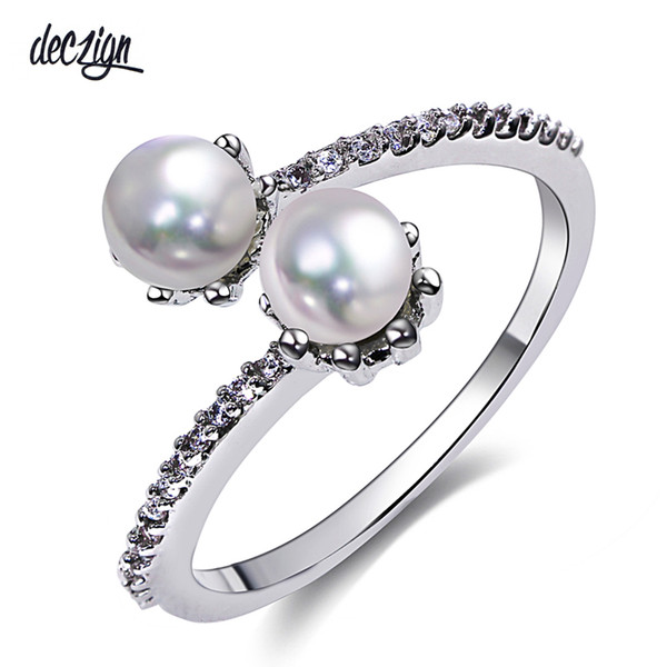 Deczign Fashion elegant white ring with 2 round pearls setting small Cubic zirconia crystal stones Trendy ring wholesale WA11065