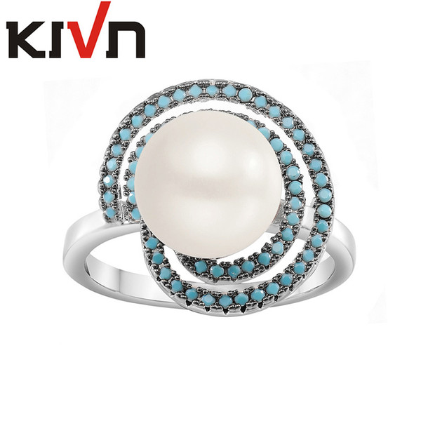 KIVN Fashion Jewelry Elegant Pave CZ Cubic Zirconia Womens Girls Bridal Wedding Simulated Pearl Rings Birthday Promotion Gifts