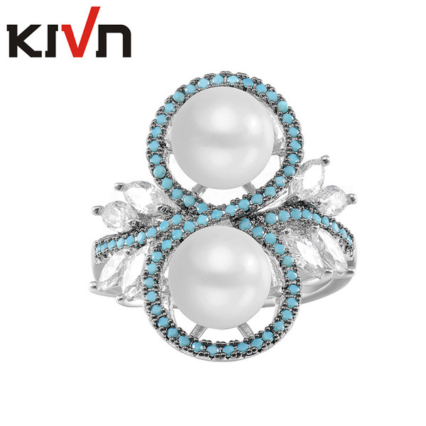 KIVN Fashion Jewelry Elegant Pave CZ Cubic Zirconia Women Girls Wedding Bridal Simulated Pearl Rings Promotion Birthday Gifts