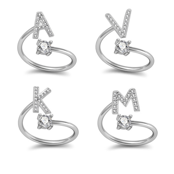 Creative 26 English Letter Ring Geometric Silver Plated Alloy Opening Adjustable Rhinestone Ring Women Fashion Jewelry Accessories Wholesale