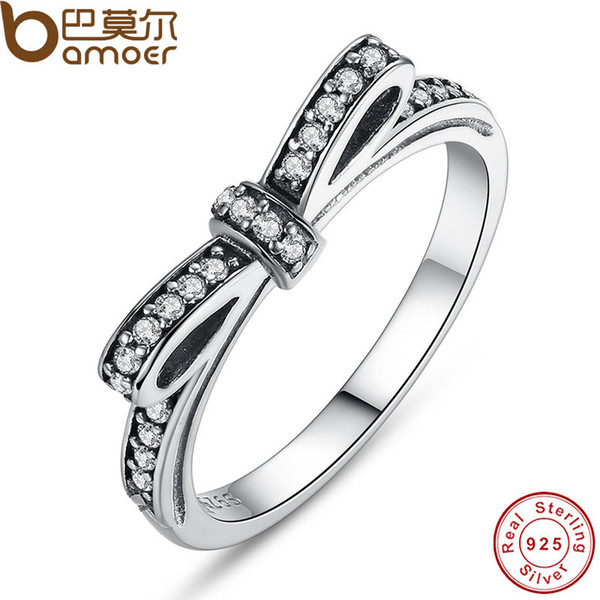 Pandora Style 925 Sterling Silver Wedding Ring Sparkling Bow Knot Stackable Engagement Ring Micro Pave CZ Promise Ring