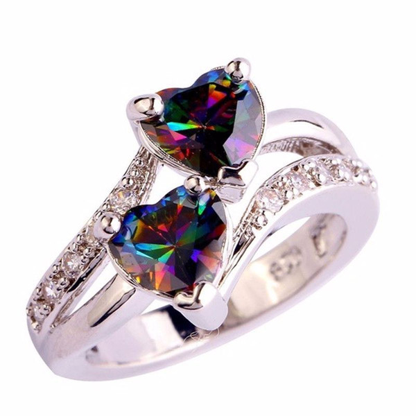 Plating S925 Silver Micro-zircon Heart-shaped Ring Double Love Heart Red Blue Colorful Zircon Crystal Women Nuptial Ring