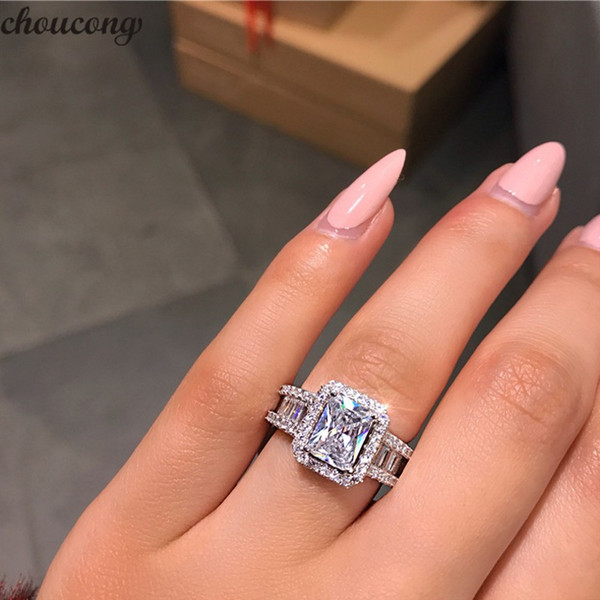 Choucong Hot Sale Stunning Luxury Jewelry Real 925 Sterling Silver Princess Cut White Topaz CZ Diamond Eternity Wedding Band Ring for Women