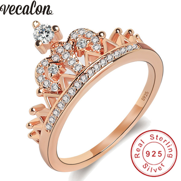 Vecalon 2 colors Crown Jewelry Women ring Cz diamond 925 Sterling silver Party wedding Band ring for women Fashion