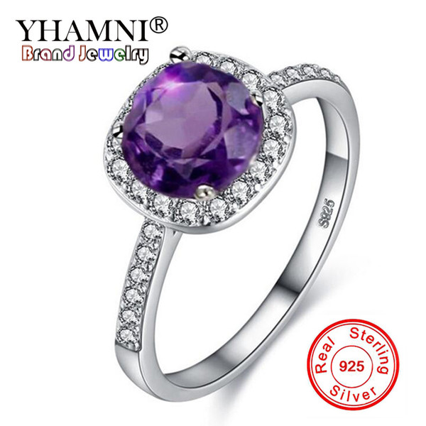 YHAMNI Original 100% Pure 925 Sterling Silver Ring Natural Blue/Red/Purple/White 1ct 6mm CZ Zircon Ring Wedding Jewelry E5552232