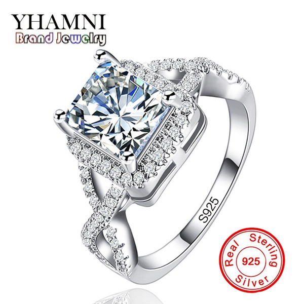 YHAMNI Big Sale Original Sterling Silver Jewelry Rings for Women Inlay Zircon 7mm Diamond Wedding Engagement Rings R065