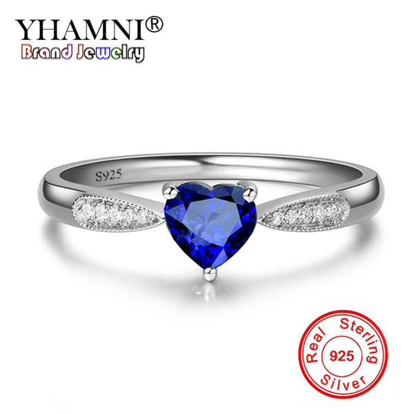 YHAMNI Solid 925 sterling silver Ring Heart Blue Cubic Zircon Crystal Rings For Women Engagement Wedding Jewelry ZR446