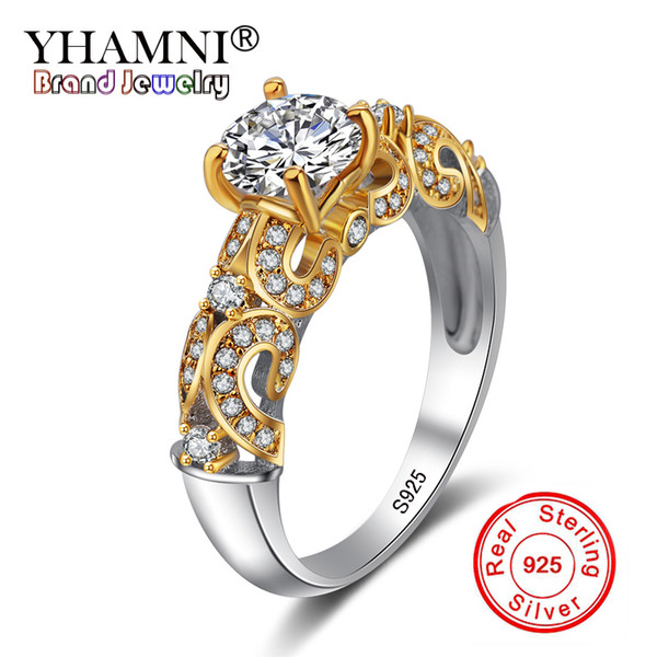 YHAMNI Fine Jewelry 100% Original Pure 925 Sterling Silver Ring Gold Color Sona CZ Diamond Band Wedding Rings for Women JZ243