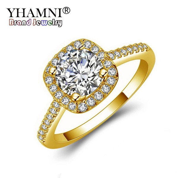 YHAMNI Original Fashion Jewelry Real Gold Filled Engagement Ring Luxury 1 Carat Round CZ Diamant Zircon Wedding Rings For Women KR035