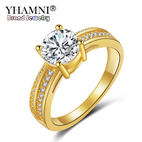 YHAMNI Fine Jewelry Real 24K Yellow Gold Rings For Women 1 Carat CZ Diamond Engagement Wedding Ring Set Gold Color Ring YR139