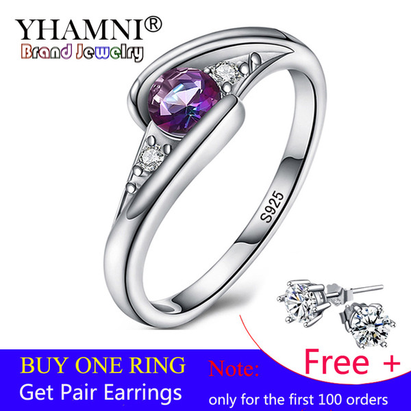 YHAMNI 100% Solid 925 Sterling Silver Fine Fashion Ring Inlay Colorful Rainbow CZ Crystal Wedding Jewelry Rings For Women 50035-C