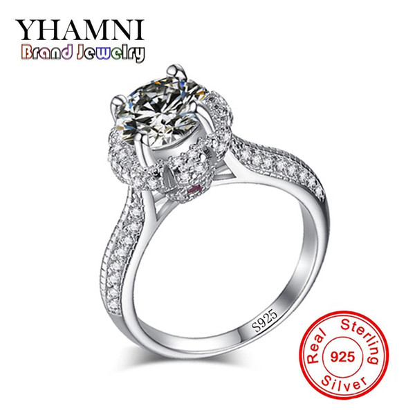 YHAMNI Luxury 100% Real Solid Silver Rings Inlay Natural Crystal Rings Jewelry 7.5mm CZ Diamond Engagement Wedding Rings For Women XR046