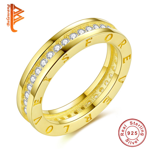 BELAWANG Wholesale New fashion Women 925 Sterling Silver Ring GOLD Color Cubic Zircon Finger Ring Forever Love Wedding Band Jewelry Unisex