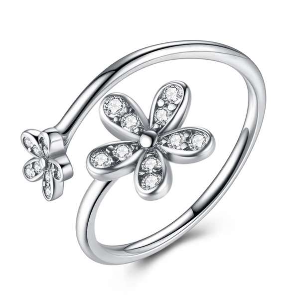 BELAWANG 925 Sterling Silver Openning Rings With Pave Setting Cubic Zirconia Dazzling Daisies Adjustable Rings For Women Fashion Jewelry