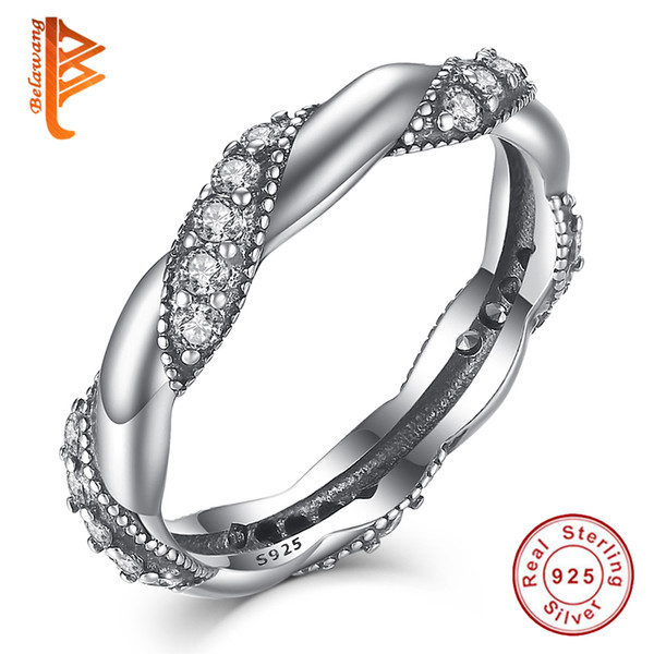 BELAWANG Genuine 925 Sterling Silver BRAIDED Ring Pave Crystal Love Finger Rings for Women/Girls Fashion Twisted Jewelry Wholesale #678