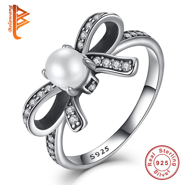 BELAWANG Bow-Knot Finger Ring With Clear CZ 925 Sterling Silver White Simulated Pearl Ring For Women Delicate Original Engagement Jewelry