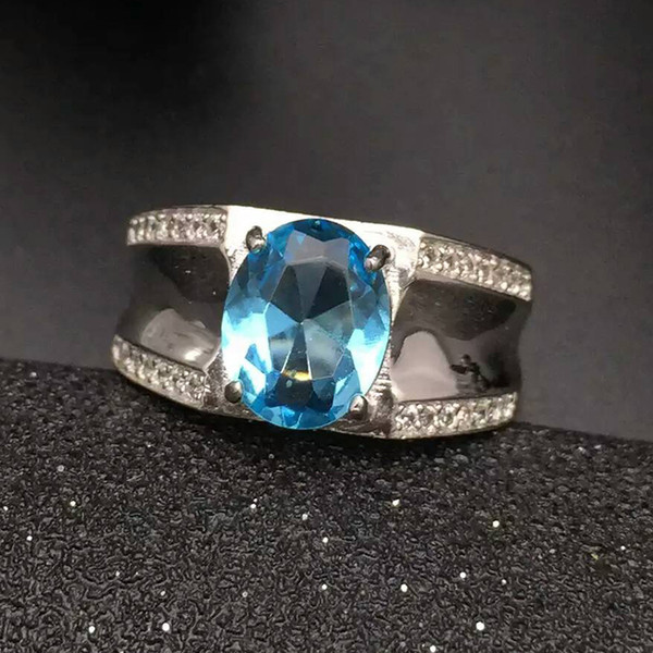 Fashion blue topaz ring for man solid 925 sterling silver man ring 100% natural 8*10mm topaz man classic silver jewelry