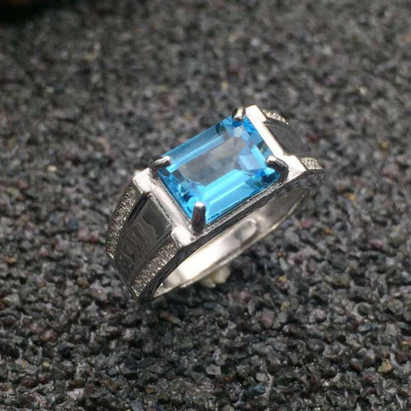 Luxurious silver topaz ring 7*9mm emerald cut natural light blue topaz stamped 925 sterling silver man ring Christmas gift