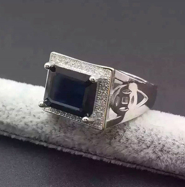 Luxury sapphire ring for man 10*12mm genuine black sapphire pure 925 sterling silver man ring from the biggest Chinese sapphire mine